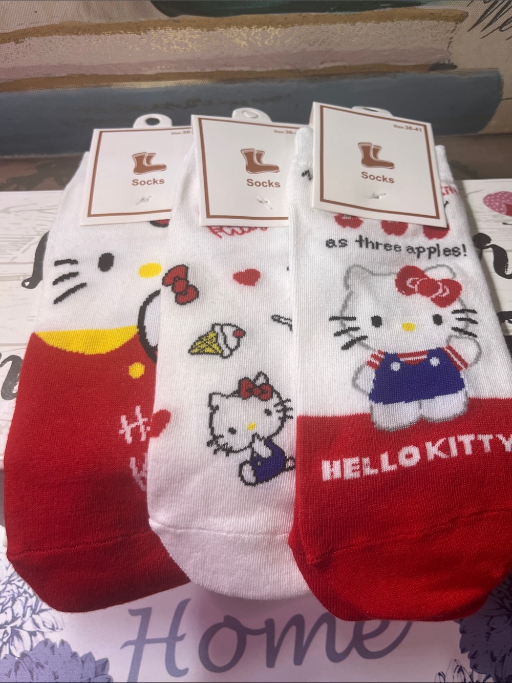 Hello Kitty Red, White & Yellow Anklet Socks Set - 3 Pack